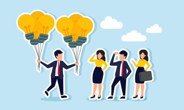 A businessman carries many lightbulb balloons and shows them to partner, illustration of showcasing success from implementing business ideas and innovations to a partner