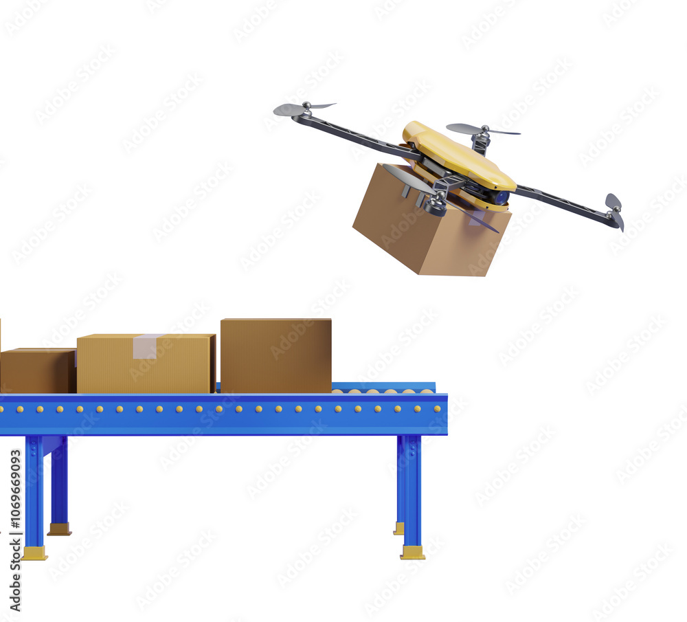 Poster drone carrying a package above a conveyor belt with boxes, isolated on a white background. concept o