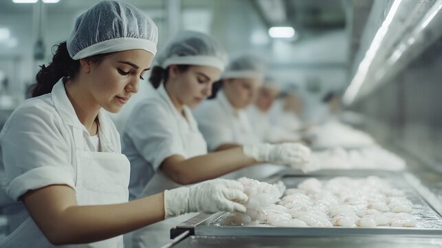 66.Latina workers overseeing shrimp quality on a conveyor belt, focused expressions, white vannamei shrimp moving along the line, seafood processing plant environment, industrial ambiance