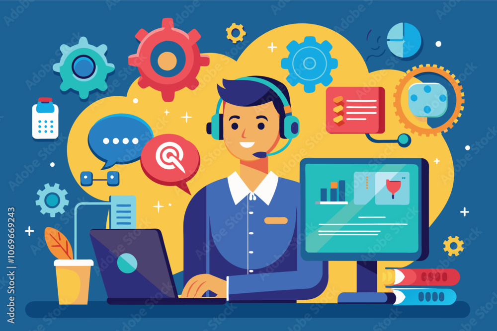 Poster smiling customer service representative working at a desk with a laptop and desktop computer