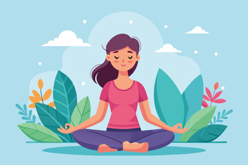 Woman Meditating in a Serene Outdoor Setting With Lush Greenery