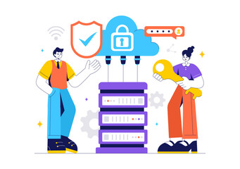 Digital Cloud Security Vector Illustration of Safety and Data Protection for Network, Internet, Hosting, and Backup Servers in a Technological