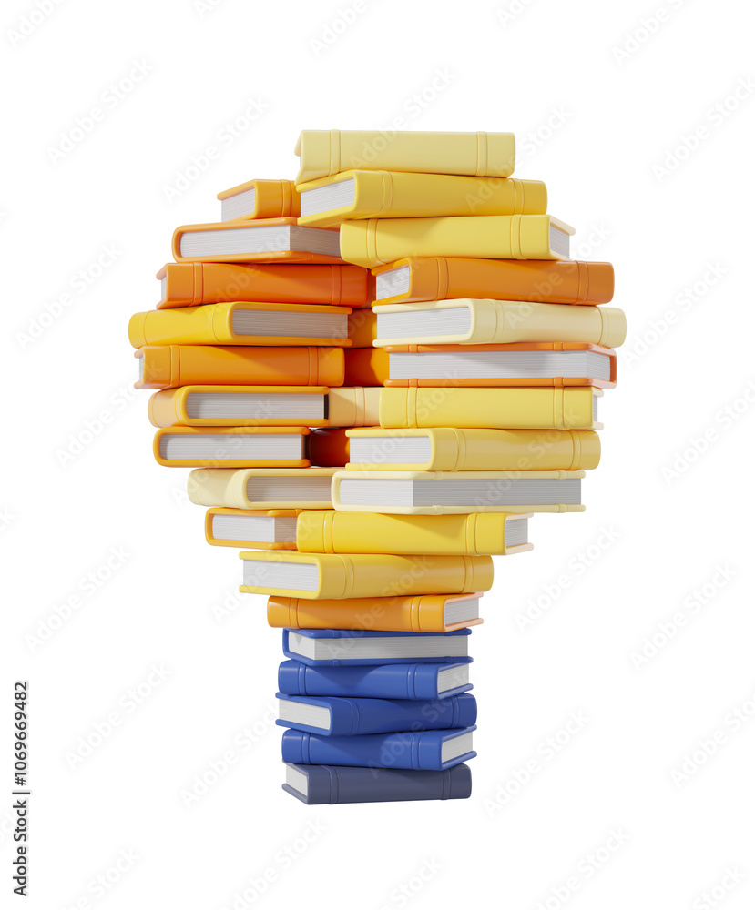 Poster multicolored books stacked to form a lightbulb shape, isolated on a white background. concept of kno