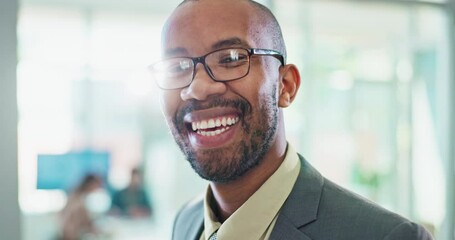 Laugh, business and face of African man with comedy, humor and funny joke at work. Corporate, professional worker and portrait of person with smile for confidence, company pride and happy in office