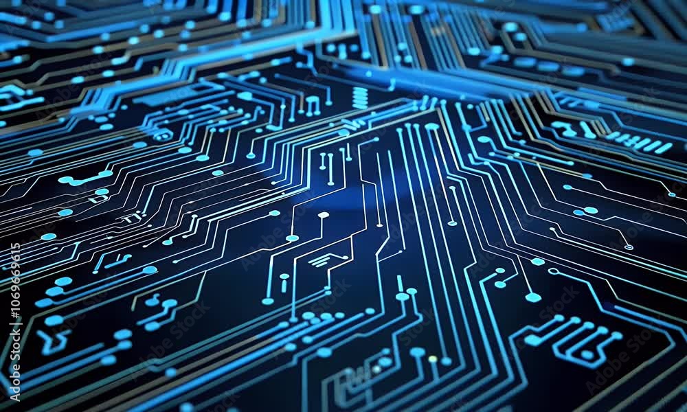 Poster digital blue circuit board background with computer code and technology symbols, including the icon 