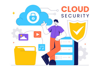 Digital Cloud Security Vector Illustration of Safety and Data Protection for Network, Internet, Hosting, and Backup Servers in a Technological