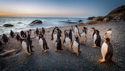 Fototapeta premium A large group of penguins stand on a rocky beach at sunset.