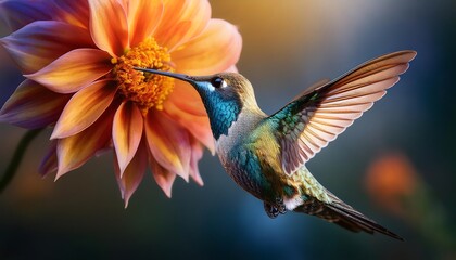 Fototapeta premium A vibrant hummingbird hovers in mid-air, feeding on nectar from a large, orange flower. The bird's wings are blurred, creating a sense of motion and the image is bathed in warm, golden light.
