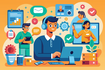 Smiling Man Wearing Headphones Working on Laptop Computer With Team Members on Video Calls