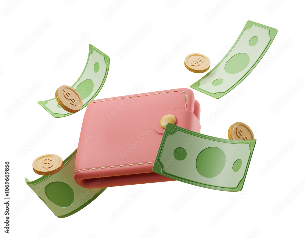 Aufkleber 3d rendering of a pink wallet with floating dollar bills and coins on a white background. concept of