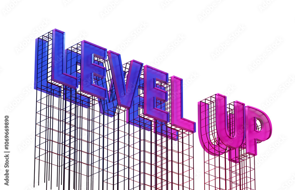 Poster 3d rendering of level up text in wireframe style. vibrant colors on a white background. concept of p