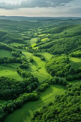 Obraz premium Graphic Aerial view of green landscape with fields and forests, expansive French countryside