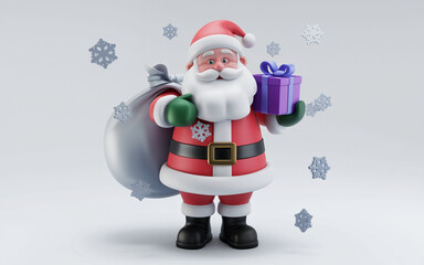 Obraz premium Santa Claus holding a gift bag with snowflakes floating around him on a plain white background. Sharp details highlight the festive holiday atmosphere in this classic Christmas .