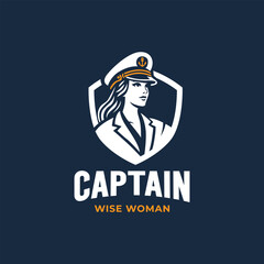 A bold and empowering logo featuring a female captain in a naval-style hat, surrounded by a shield emblem. Captain Navigation emphasizing strength, leadership, and wisdom.