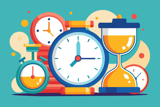 Colorful Illustration of Various Clocks and an Hourglass