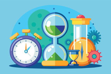 Colorful Illustration of Timekeeping Devices With Hourglass, Stopwatch, and Compass
