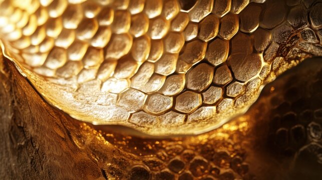 Golden honeycomb pattern with light reflection, close-up, intricate and abstract