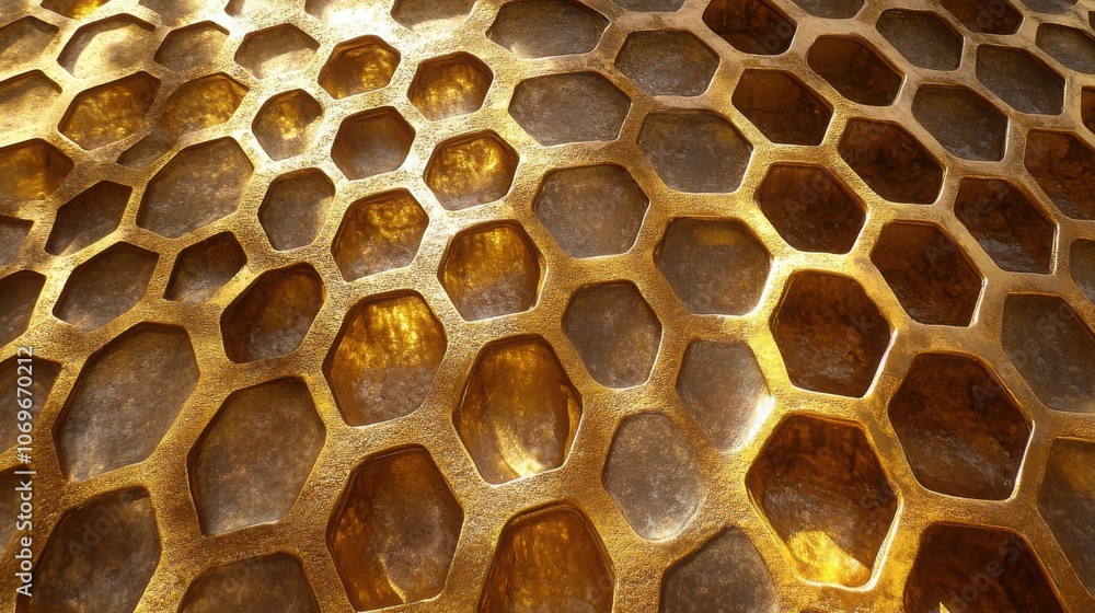 Poster golden honeycomb pattern with light reflection, close-up, intricate and abstract