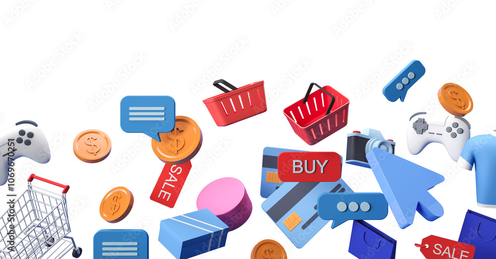 Poster shopping icons, baskets, and tech elements floating on a white background, illustrating online shopp
