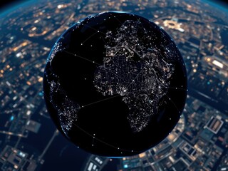 Obraz premium A mesmerizing aerial view of Earth at night, with a network of digital lines and dots connecting cities and locations globally, Earth, illuminated