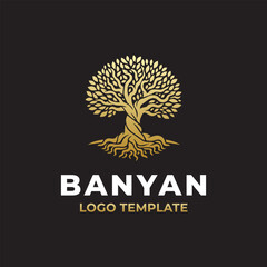 gold banyan tree with widespread branches and roots logo dessign suitable for any business Symbolizing strength, growth, and stability