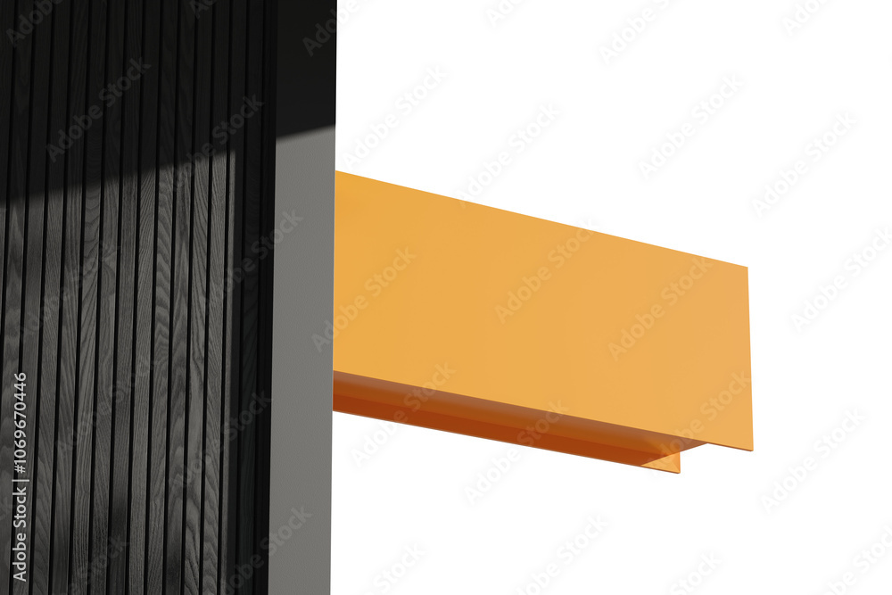 Aufkleber yellow rectangular signage attached to a black facade, isolated on a white background. concept of mo
