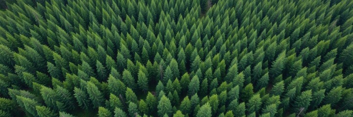 Fototapeta premium A stunning aerial shot of a lush evergreen pine forest from a drone, showcasing the vast expanse of the vibrant green trees below, forest, scenic