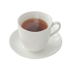 White porcelain cup filled with steaming black tea, placed on a matching saucer, reflecting a simple yet elegant design for drinks. transparent background, png