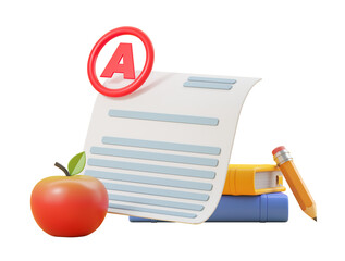 Apple, grade paper, pencil, and books on white background. School supplies concept. 3D Rendering