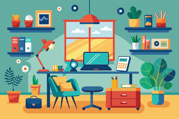 Colorful Modern Home Office Desk With Laptop and Desk Lamp