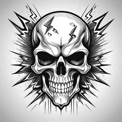 Fototapeta premium A skull with lightning bolts exploding around it, in black and white.