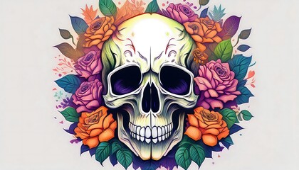 Fototapeta premium A white human skull with a toothy grin surrounded by colorful roses and foliage against a white background.