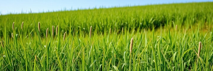 Fototapeta premium Beautiful vibrant lush green meadow with bright blue sky in the background, spring, environment
