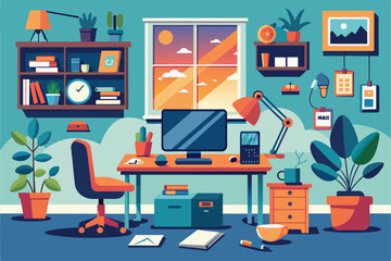 Modern Home Office With Desk, Computer, and Sunset View