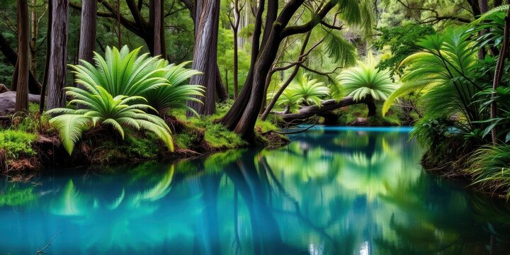 Bright blue pond reflecting surrounding punga fern trees in Whakarewarewa Forest, Rotorua, New Zealand, Peaceful, Nature