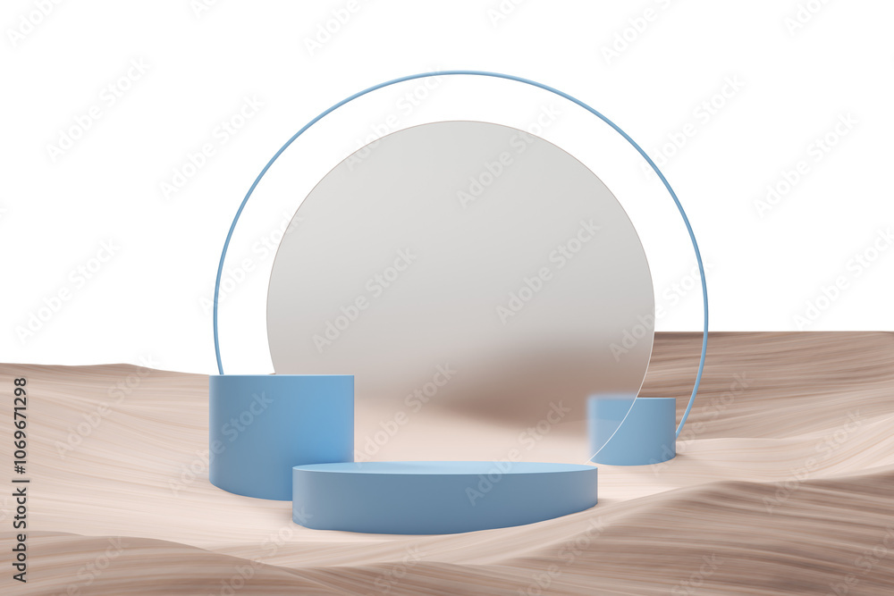 Aufkleber blue podium setup on a wooden surface featuring geometric shapes and a circular mirror. modern isola