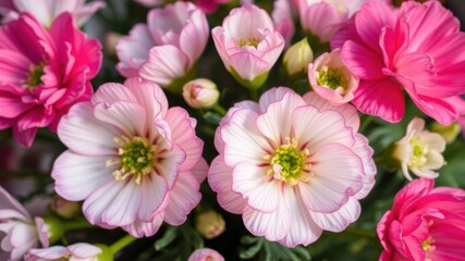 Close-up of beautiful pink and white ranunculus flowers in full bloom, fresh, beauty