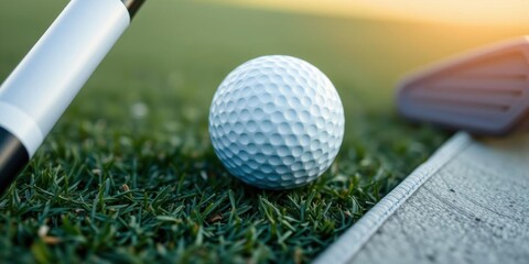 Close up of a white golf ball resting on vibrant green grass field, golf course, close up