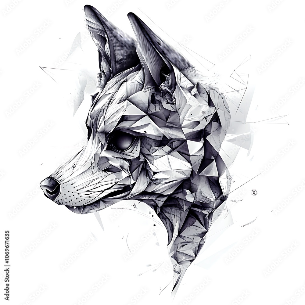 Poster geometric illustration of a fox's head with abstract lines and shapes, in a dark blue and white colo