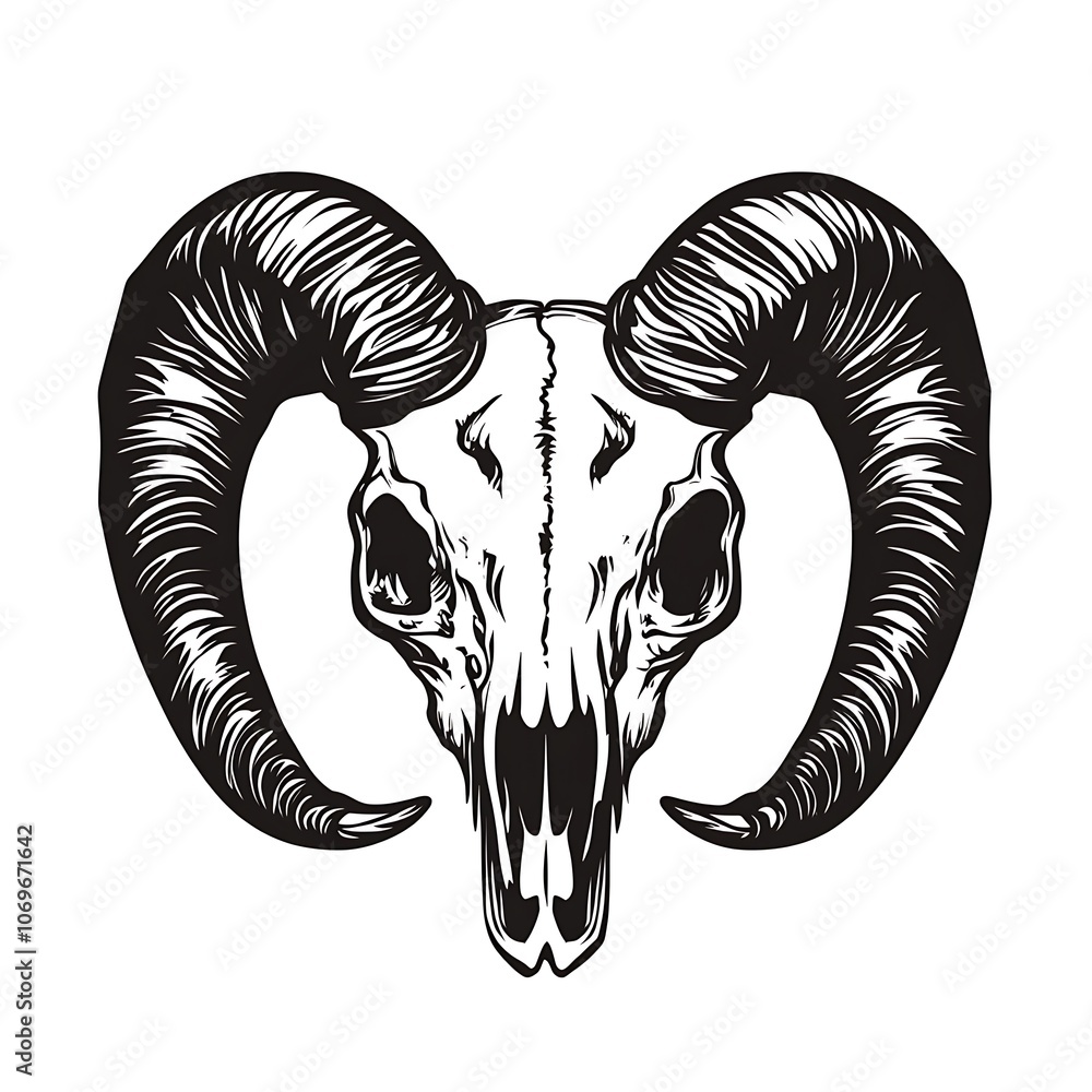 Poster A detailed line drawing of a ram skull with large horns.
