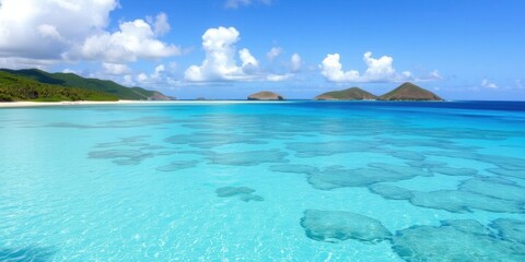 Fototapeta premium Crystal clear turquoise waters surrounding uninhabited islands in Tobago Cays, Caribbean West Indies, West Indies, natural beauty