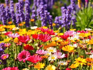 Obraz premium Field of colorful wildflowers under the sunlight, creating a vibrant and inviting spring garden scene, beauty, macro