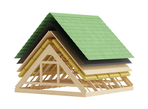 Exploded view of a roof structure showing wooden framework, insulation, and a green top layer on a white background. Concept of roofing layers. 3D Rendering