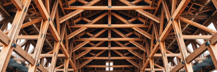 Interwoven wooden trusses creating a strong frame, robust, engineering