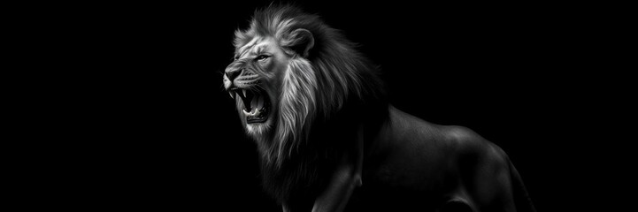 Majestic lion king roaring fiercely against a black background, isolated, beast