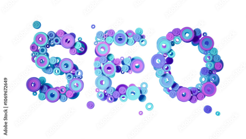 Aufkleber text seo made of colorful gears on white background, creative concept of search engine optimization.