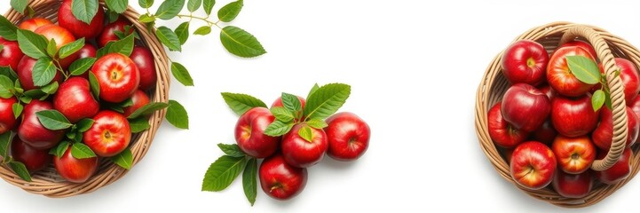 Obraz premium Red apples in a basket lined up on a path, isolated on white background, top view, fruits, white background