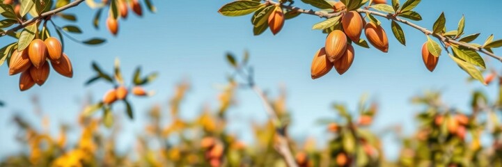 Ripe almonds hanging from a tree branch ready for harvest, tree, harvest