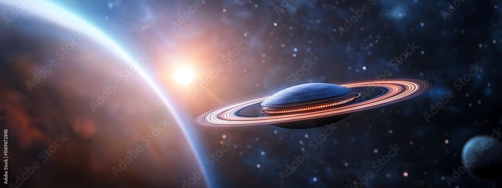Aufkleber a spaceship is flying through space with a planet in the background