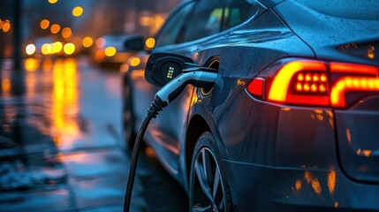 Home charging station provides an eco-friendly sustainable power supply for generic EV cars. Progressive concept for future green energy storage